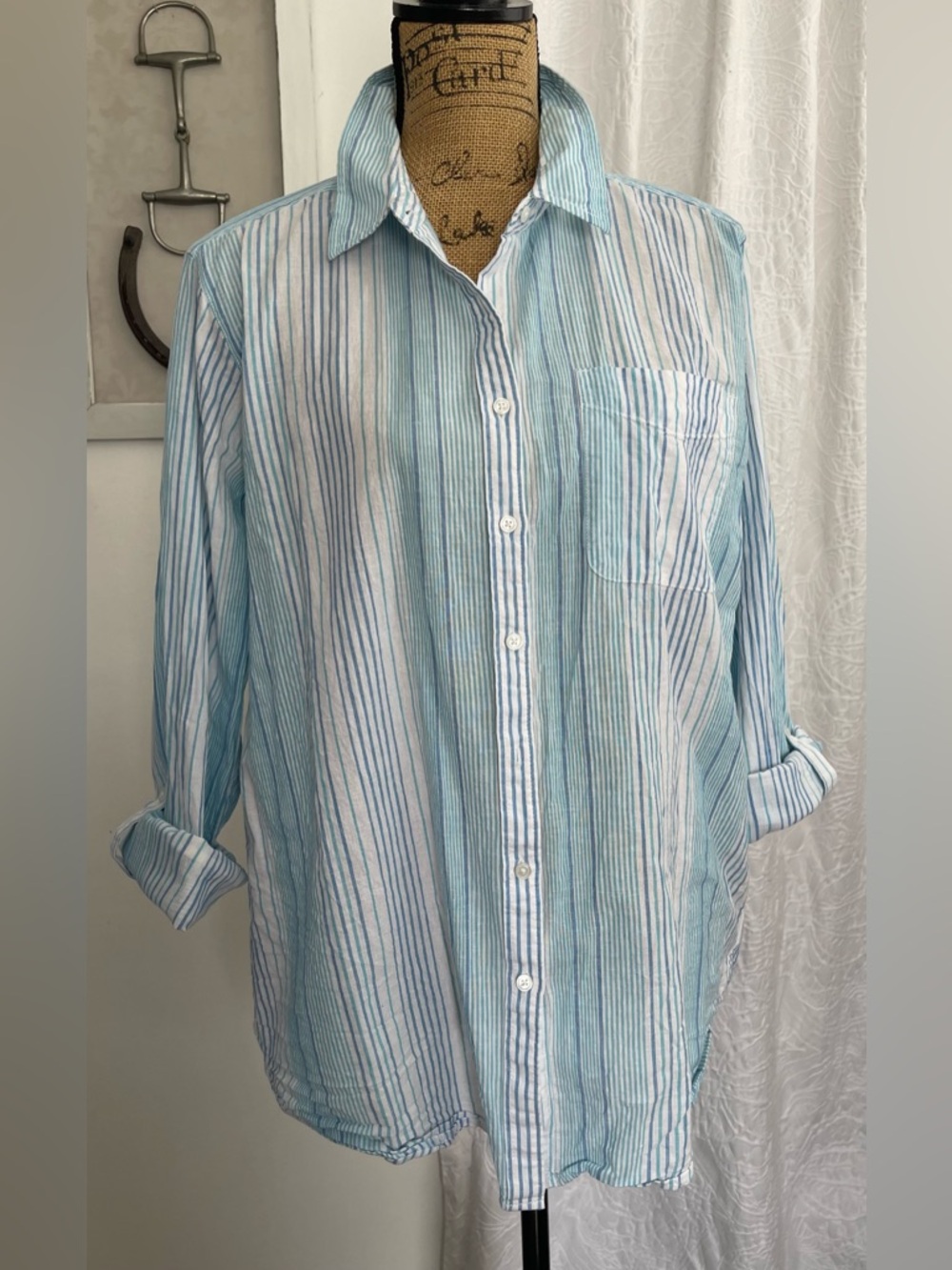 Lands End Linen Blend Button Down Shirt Roll Tab Sleeves Coastal Vibes Size XL